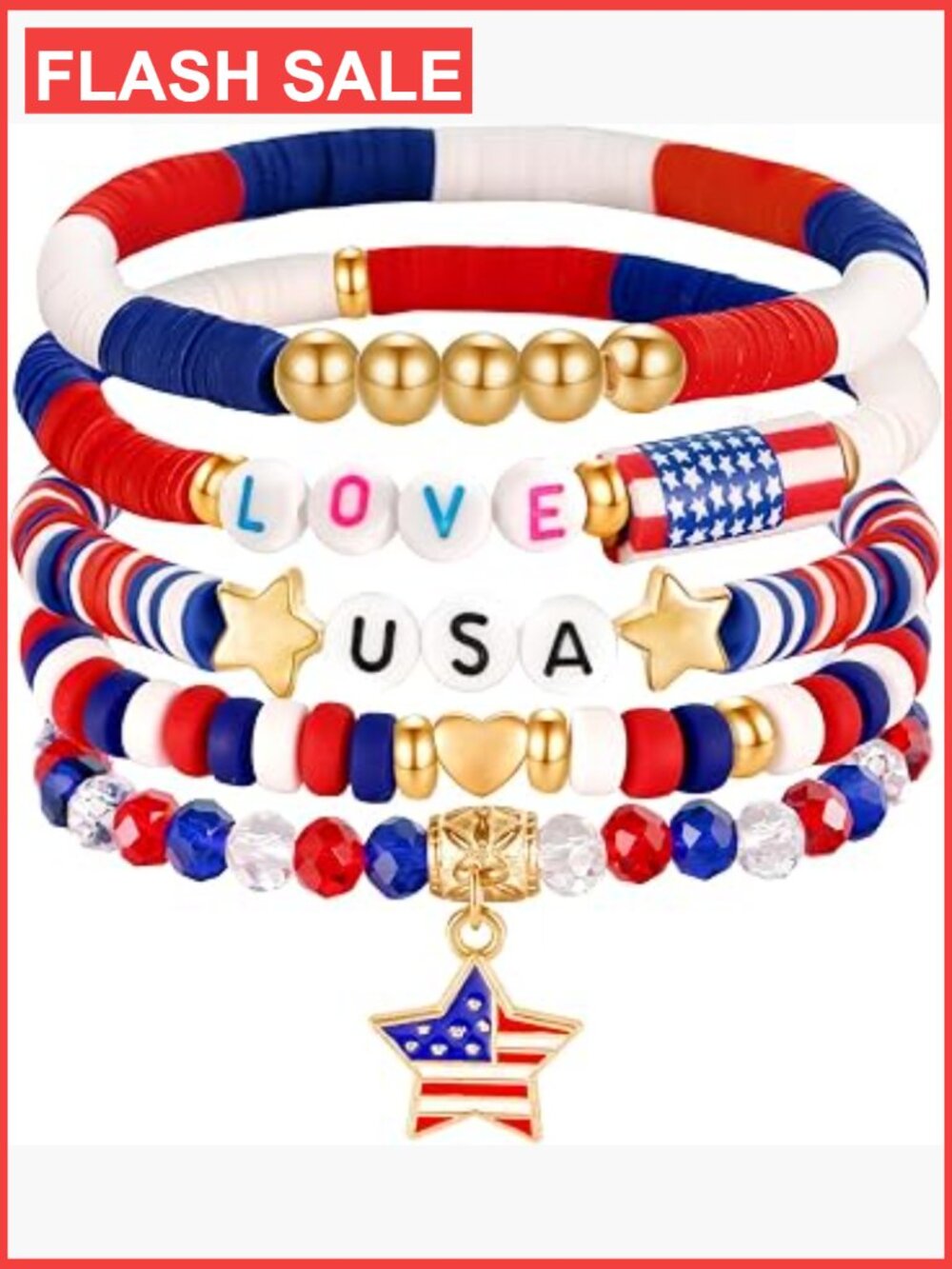 5 Patriotic Stretch Bracelets USA Independence Day Jewelry